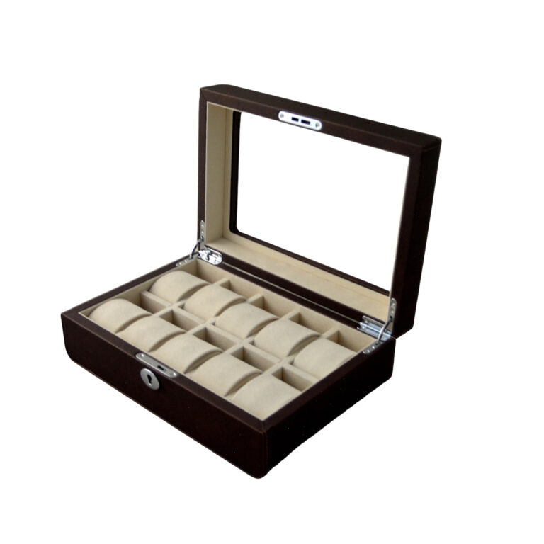 PU Leather Brown 10 Watch Case with Ivory Velvet Interior