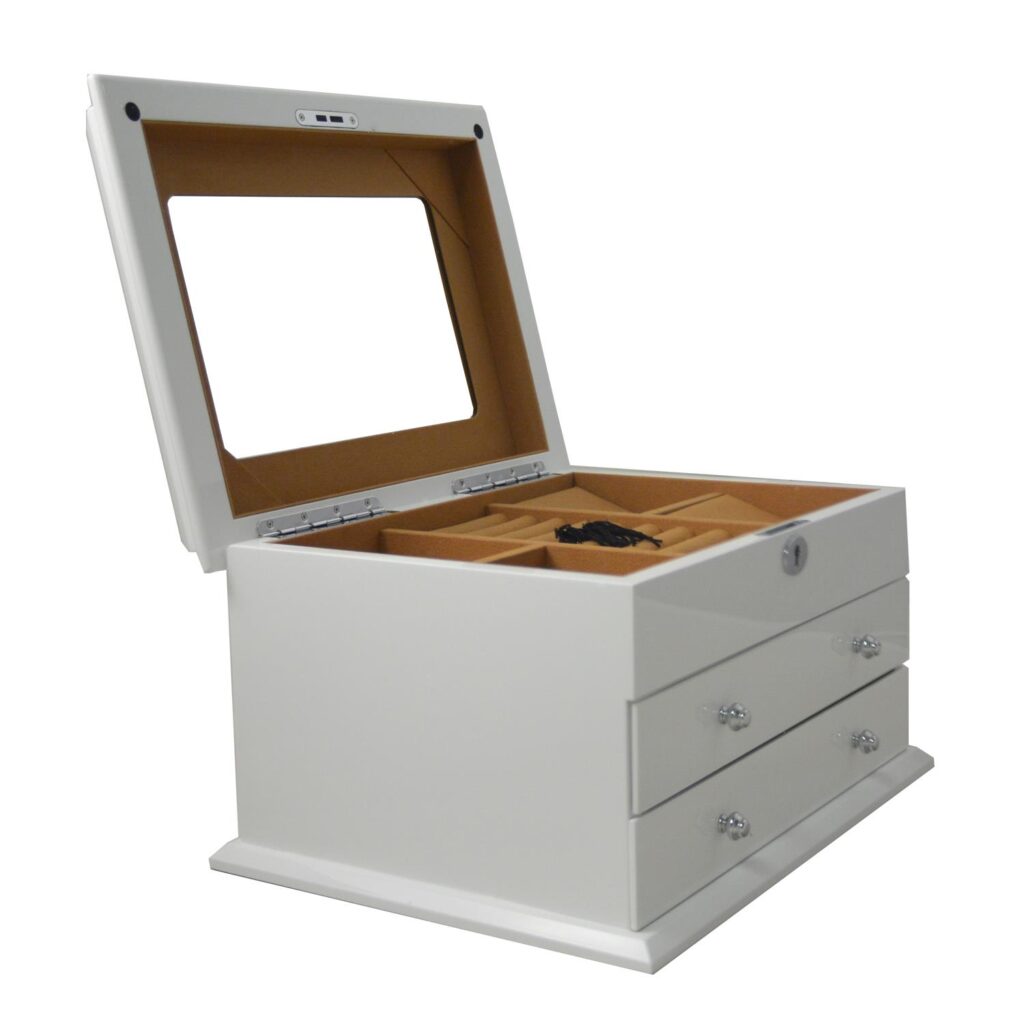 Jewelry collection box open view with compartments and pull-out drawers