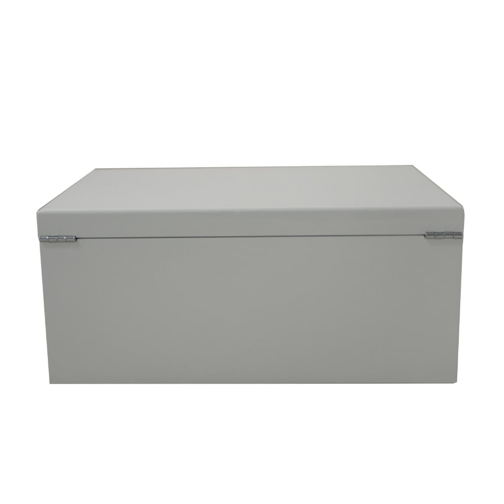 White jewelry storage case back view with hinged lid design