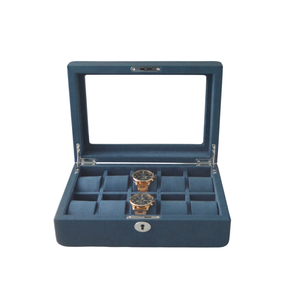 Blue PU leather watch case with standard hardware lock detail