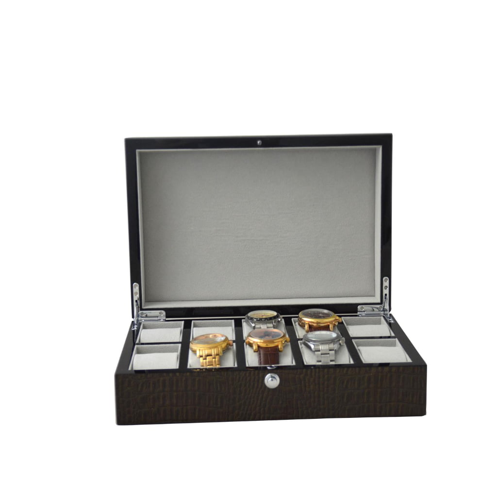 10 watch storage case displaying multiple watch compartments with grey interior