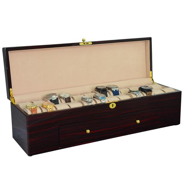 high gloss ebony watch box with drawer and lock design