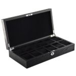 black wooden watch with twelve watch display compartments