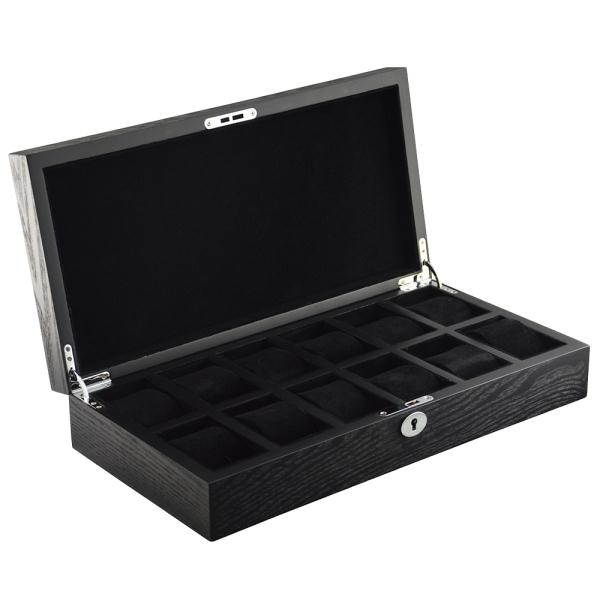 black wooden watch with twelve watch display compartments