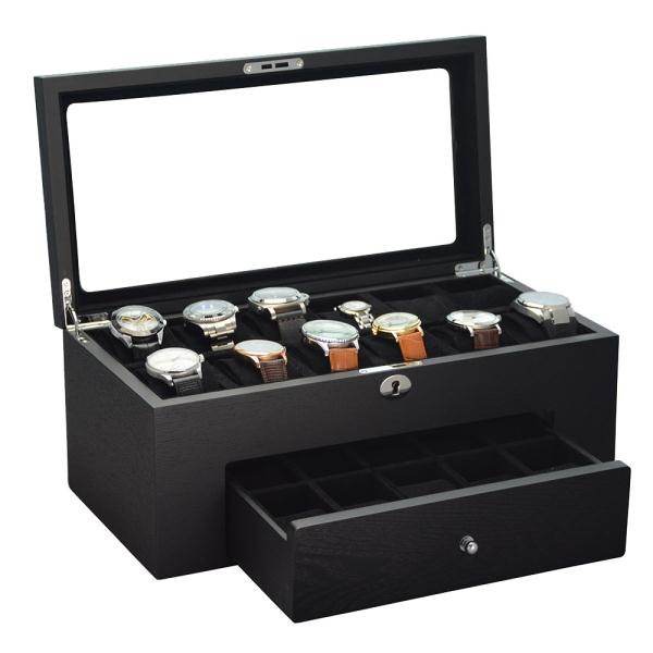 Black Wood Veneered Double-Layer 22 Slots Watch Case