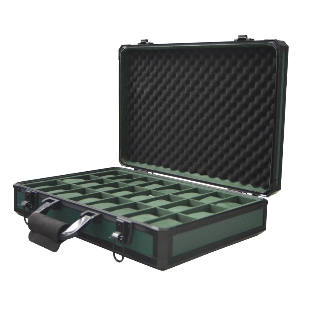 Open green 24 slot watch suitcase with velvet-lined compartments and individual watch pillows
