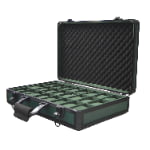 Open green 24 slot watch suitcase with velvet-lined compartments and individual watch pillows
