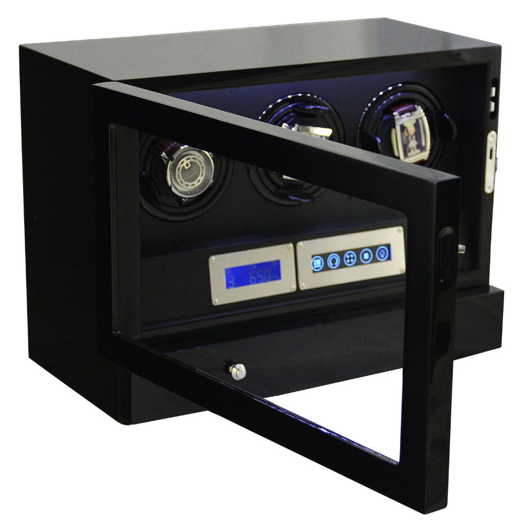 Black triple watch winder with open tempered glass door and illuminated touchscreen controls