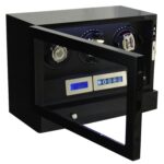Black triple watch winder with open tempered glass door and illuminated touchscreen controls
