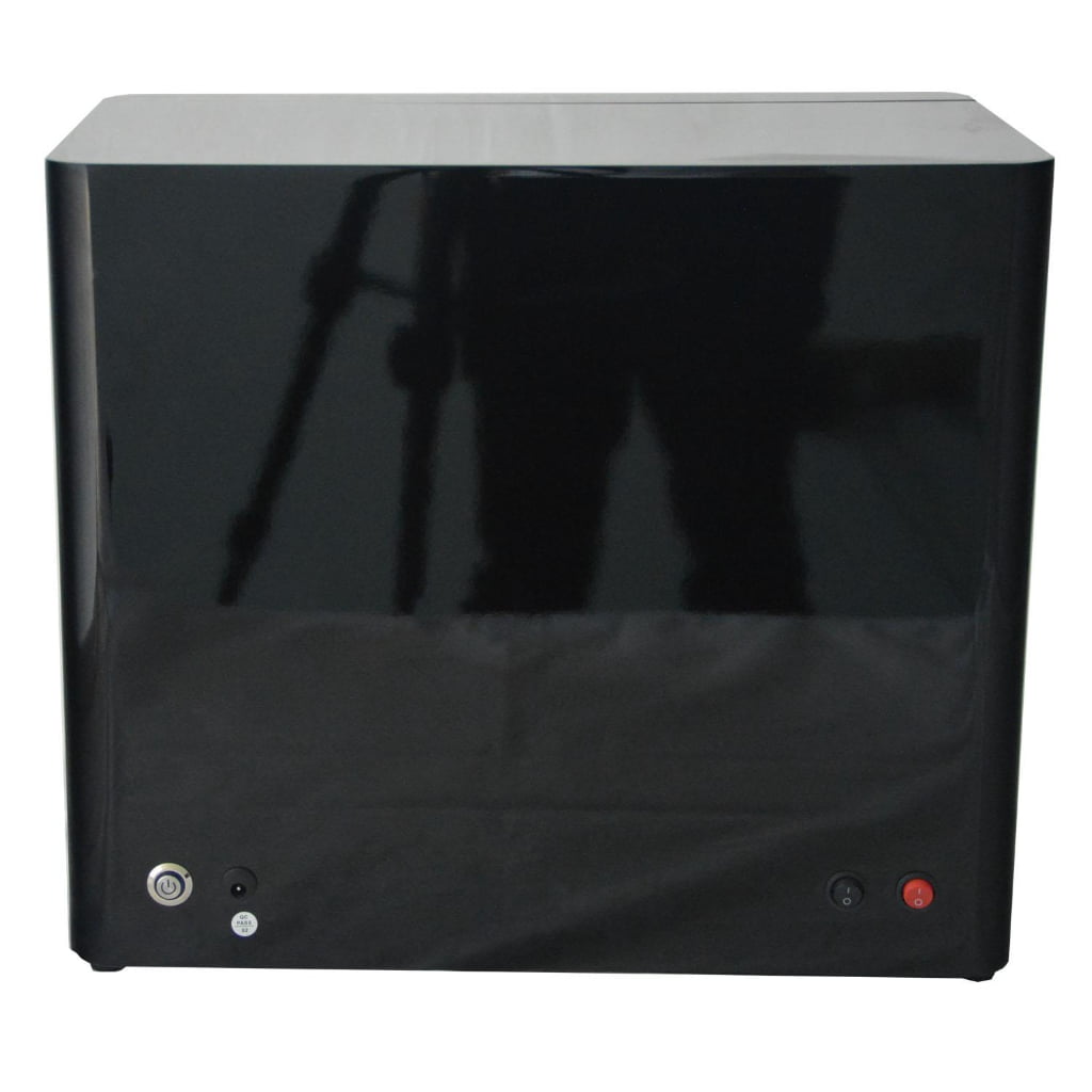 Rear view of black high-gloss lacquered MDF 6 watch winder with power controls