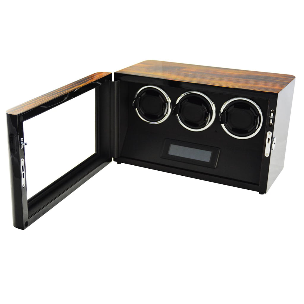 3 watch winder with zebra stripe finish, open tempered glass door and black PU leather-wrapped interior