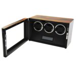 3 watch winder with zebra stripe finish, open tempered glass door and black PU leather-wrapped interior