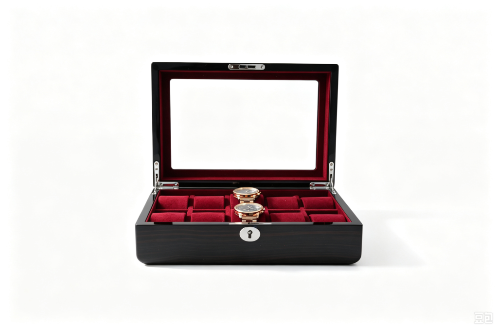 High Glossy Ebony Grain Spliced Carbon Fiber 10 Watch Case with Burgundy Velvet Interior