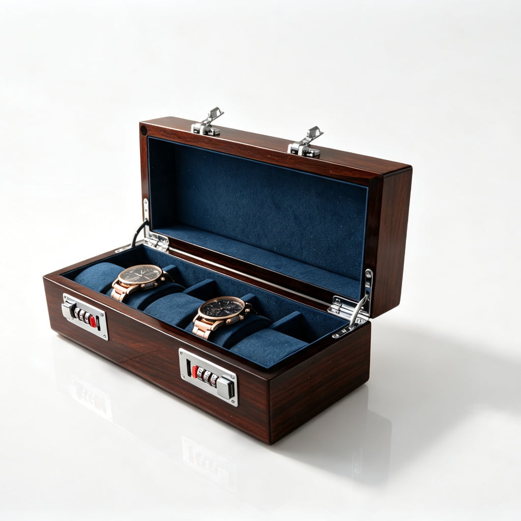 High Glossy Macassar Ebony Grain 5 Watch Case with Blue Velvet Interior and Combination Lock