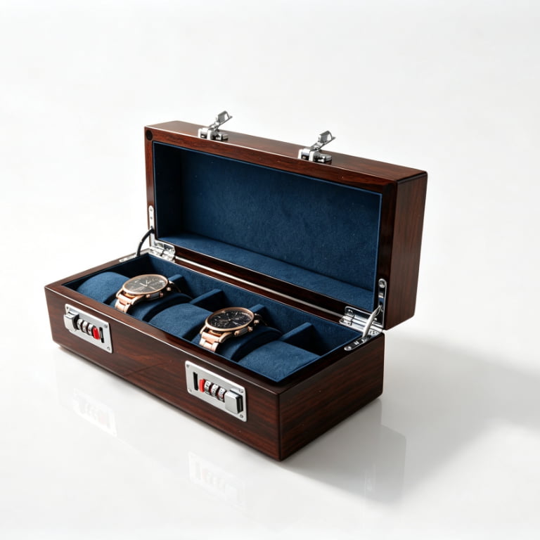 Macassar Ebony 5 Watch Case with Blue Interior & Combination Lock