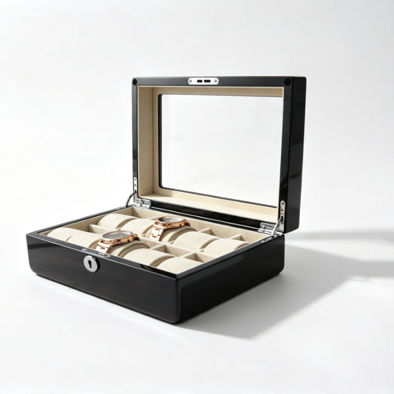 High Glossy Ebony & Carbon Fiber 10 Watch Case with Ivory Interior