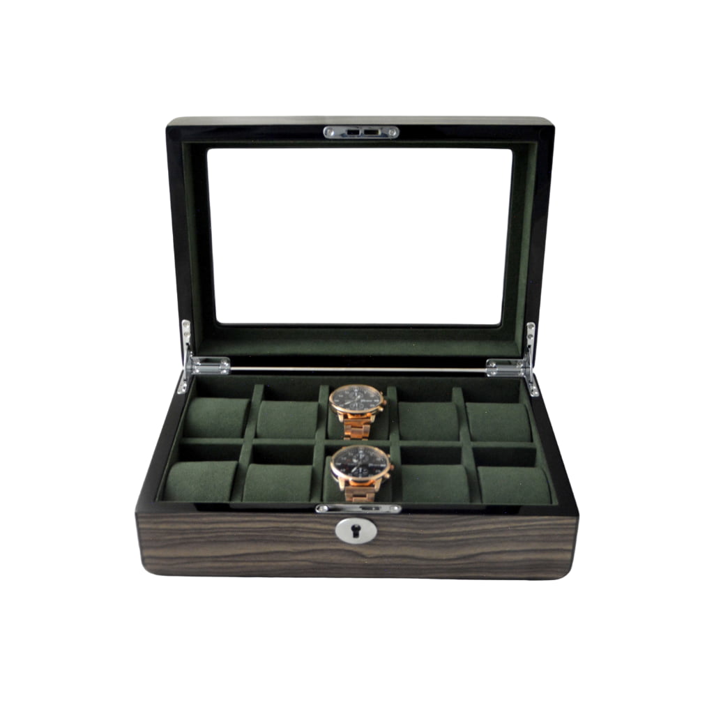 High Glossy Dark Oak Grain Spliced Carbon Fiber 10 Watch Case with Green Velvet Interior