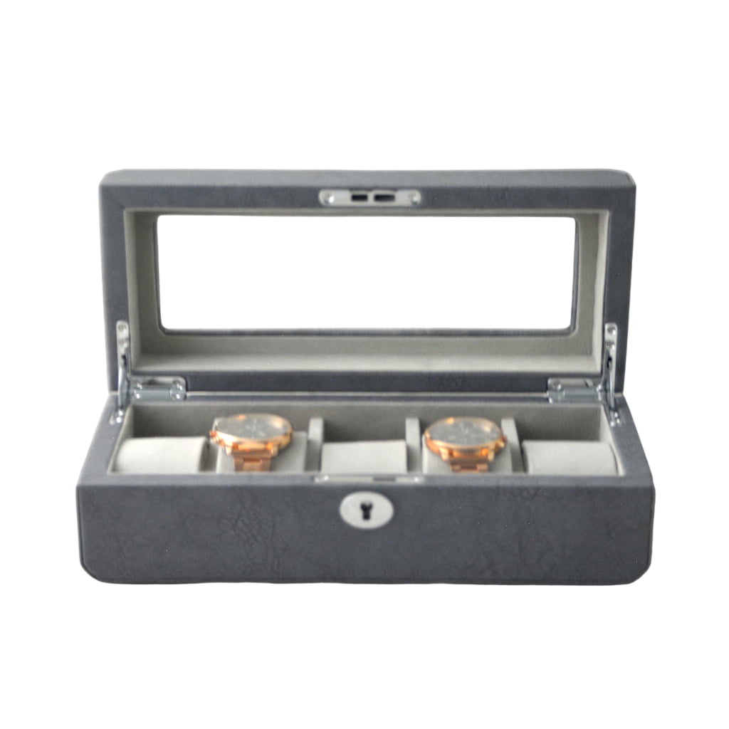 PU Leather Gray 5 Watch Case with Gray Velvet Interior