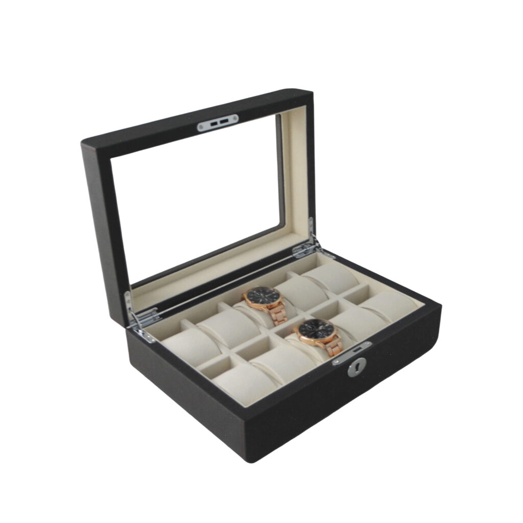 PU Leather Black 10 Watch Case with Grey Velvet Interior