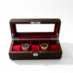 PU Leather Brown 5 Watch Case with Burgundy Velvet Interior