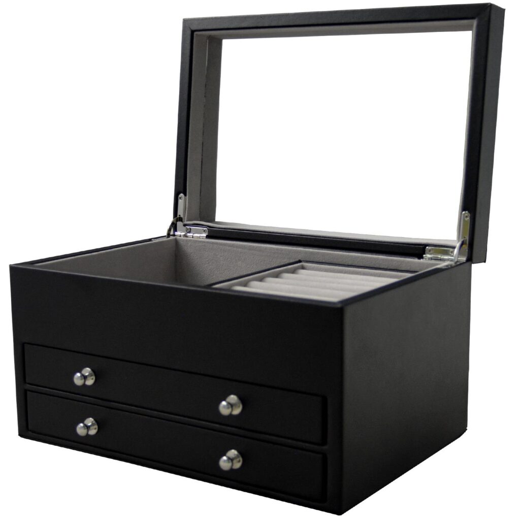 Open black jewelry collection box with drawer storage and interior compartments