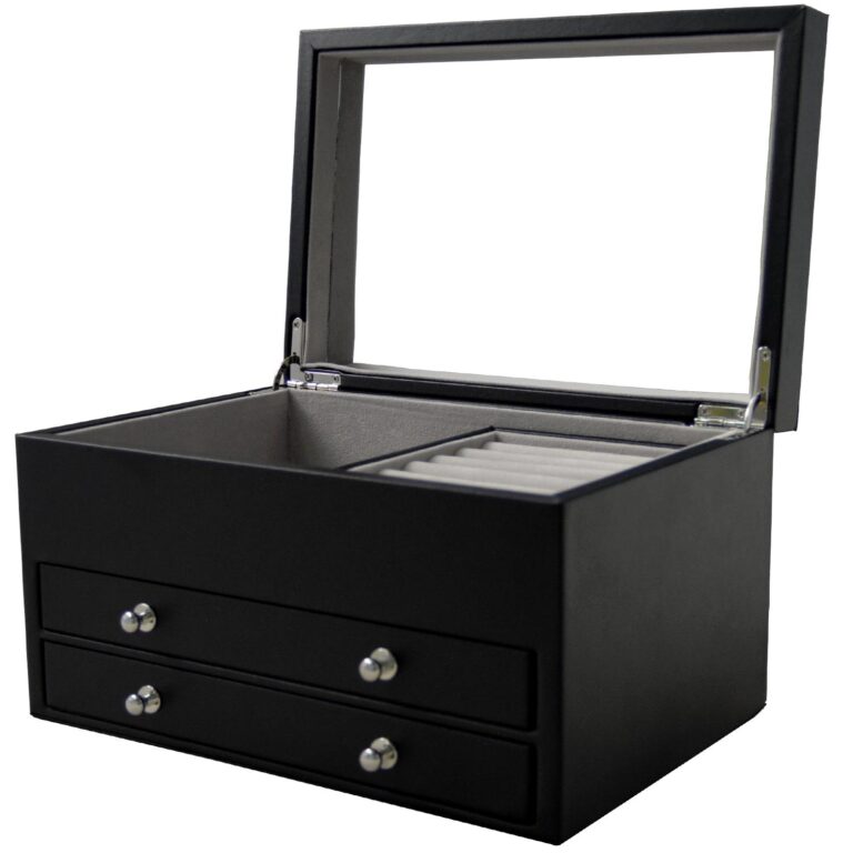 Black PU Leather Jewelry Collection Box with Drawers and Mirror