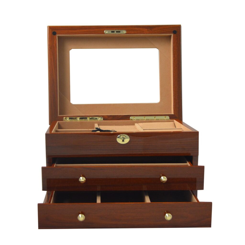 Teak jewelry case with two pull-out drawers for storage