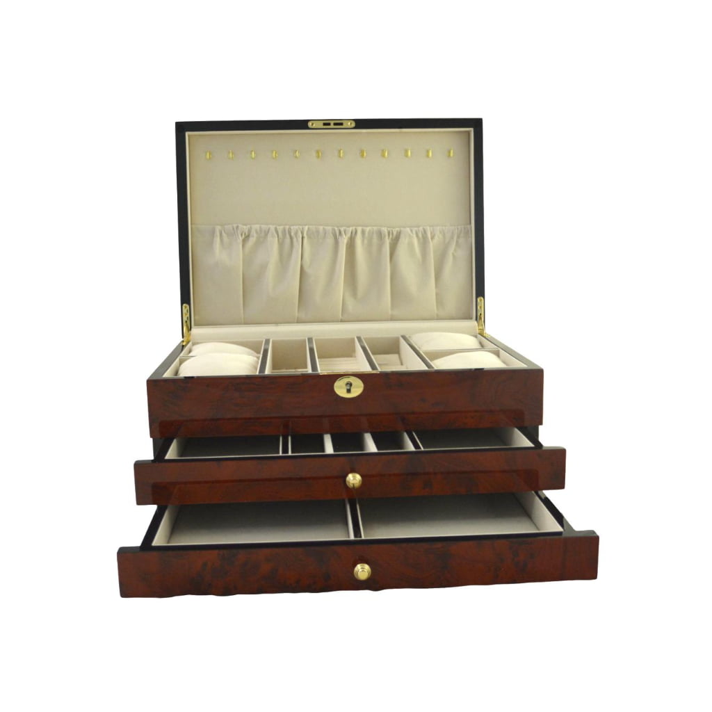Jewelry box with open drawers and organized storage compartments