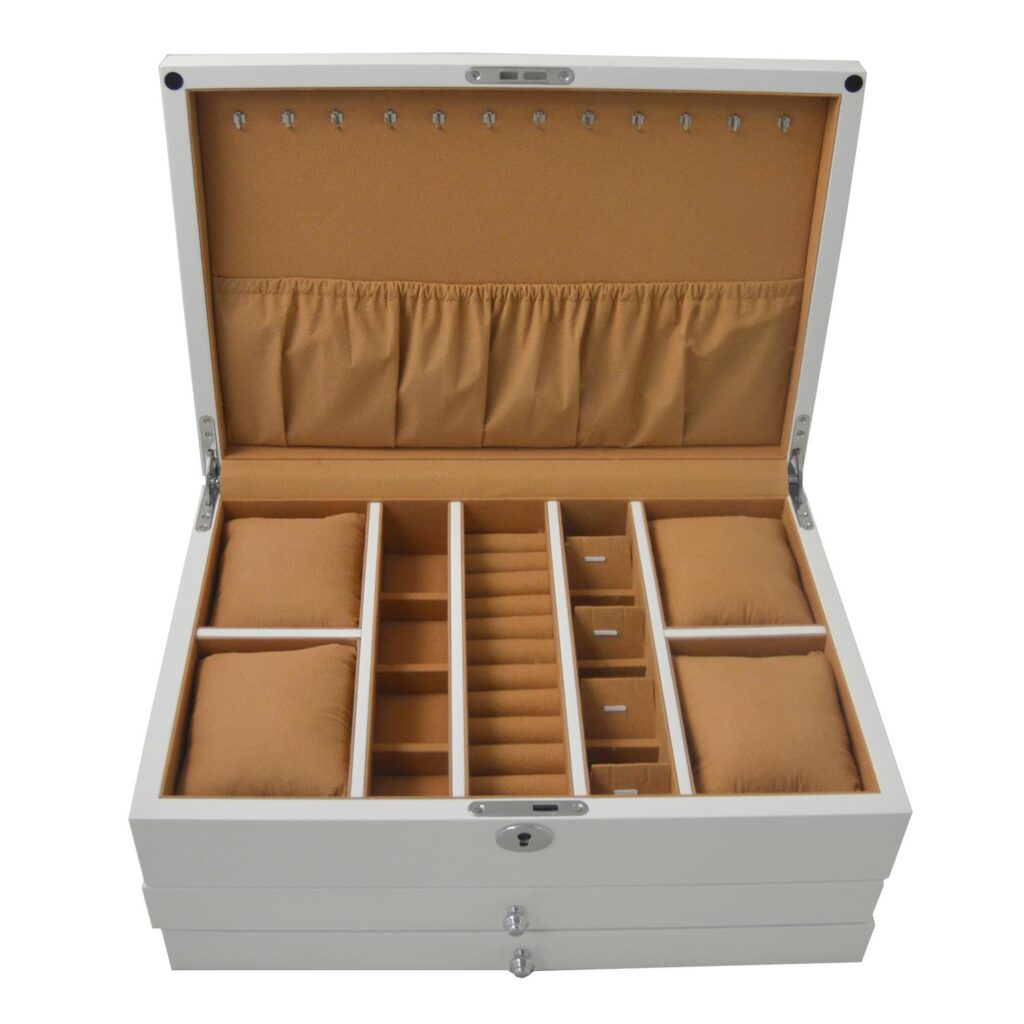 Camel velvet jewelry case interior with organized storage compartments