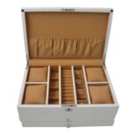 Camel velvet jewelry case interior with organized storage compartments