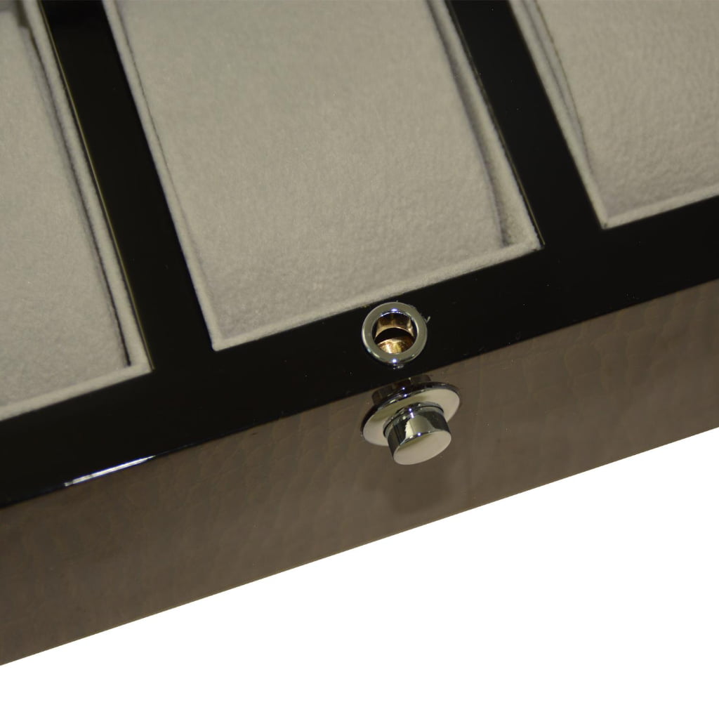 watch case front lock detail with metal hardware and glossy exterior surface
