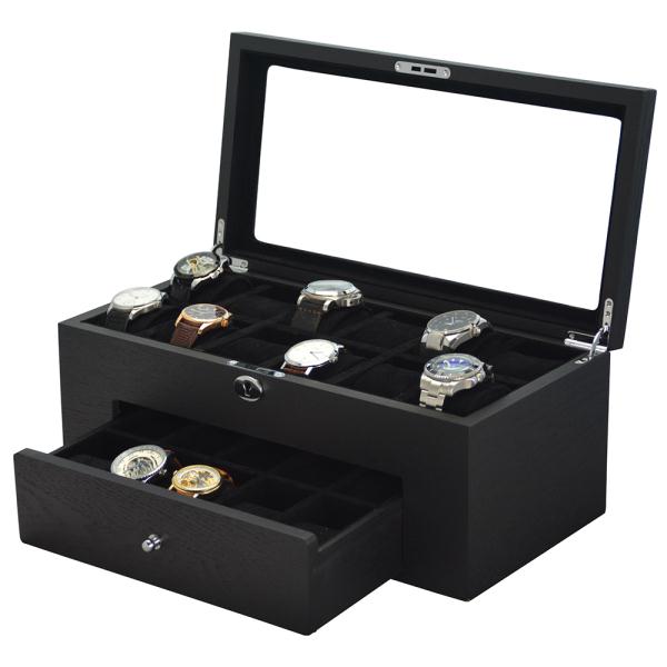 Black Wood Veneered Double-Layer 22 Slots Watch Case