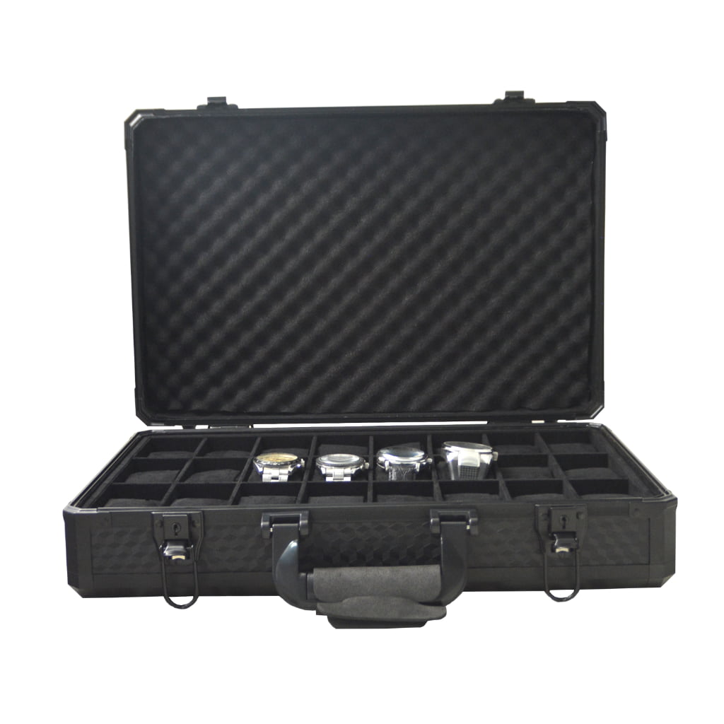 Open 24 slot watch suitcase with black velvet-lined compartments and watch pillows