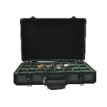 Green 24 slot watch suitcase open with velvet-lined compartments and watches displayed inside
