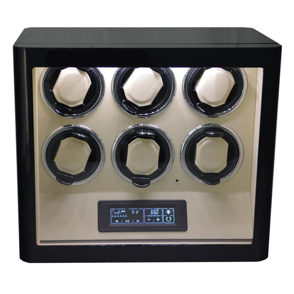 Black 6 watch winder front view with beige interior, LED lighting and touchscreen control panel