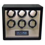 Black 6 watch winder front view with beige interior, LED lighting and touchscreen control panel