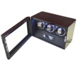Ebony 3 watch winder with open tempered glass door, black interior, LED lighting and touchscreen control