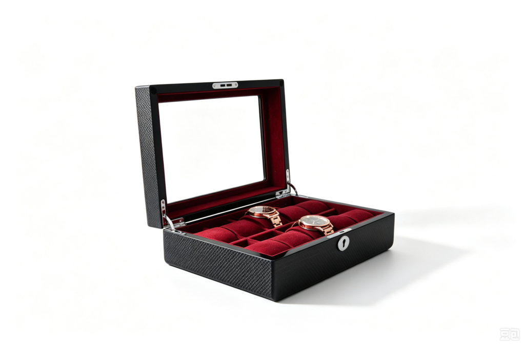 High Glossy Ebony Grain Spliced Carbon Fiber 10 Watch Case with Burgundy Velvet Interior