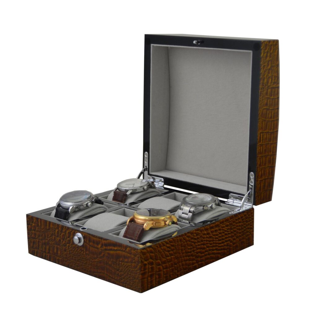 High Glossy Crocodile Grain Brown 6 Watch Case with Velvet Interior