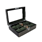 High Glossy Dark Oak Grain Spliced Carbon Fiber 10 Watch Case with Green Velvet Interior
