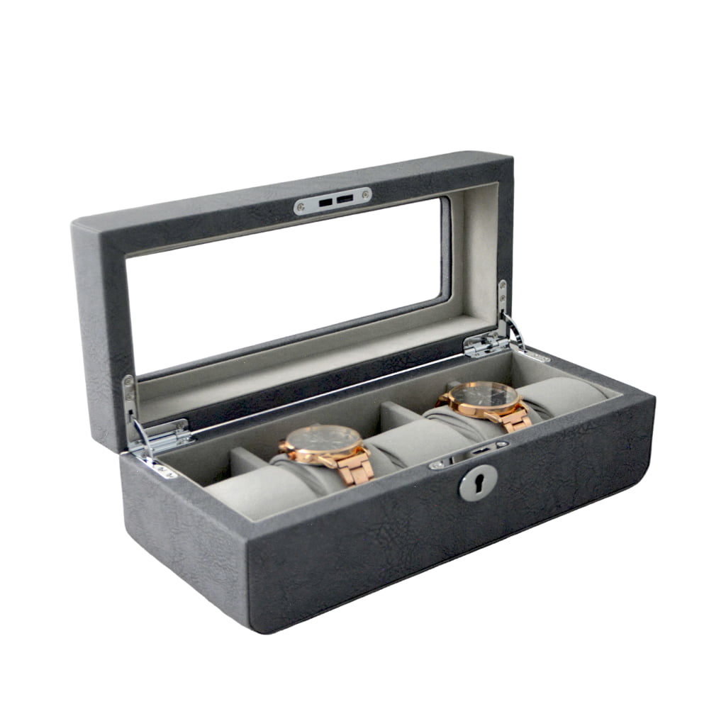 PU Leather Gray 5 Watch Case with Gray Velvet Interior