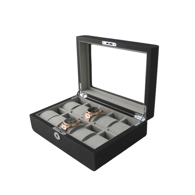 PU Leather Black 10 Watch Case with Grey Velvet Interior