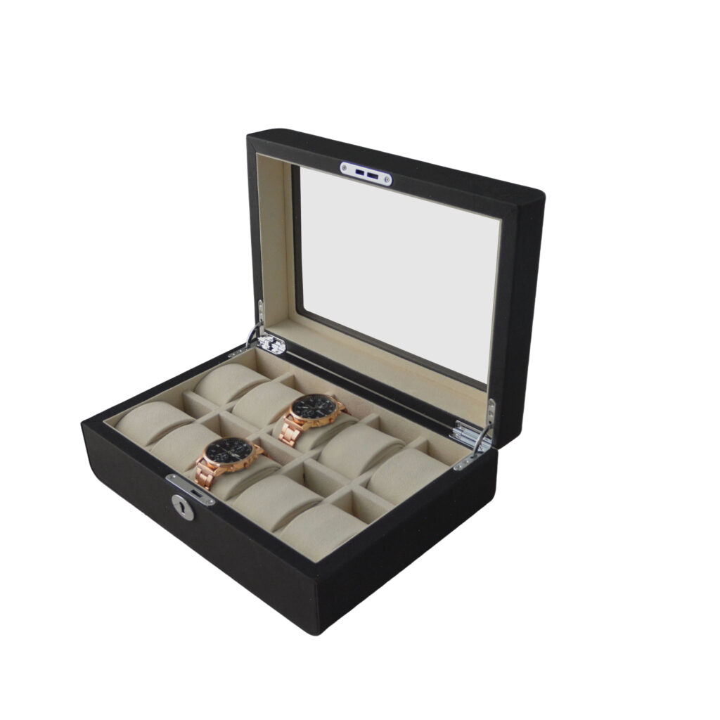 PU Leather Black 10 Watch Case with Grey Velvet Interior