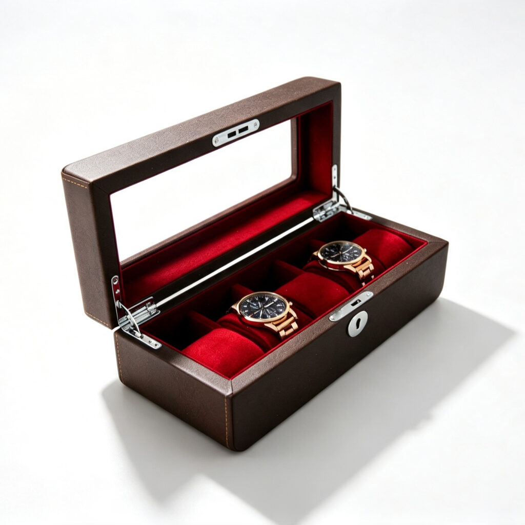PU Leather Brown 5 Watch Case with Burgundy Velvet Interior