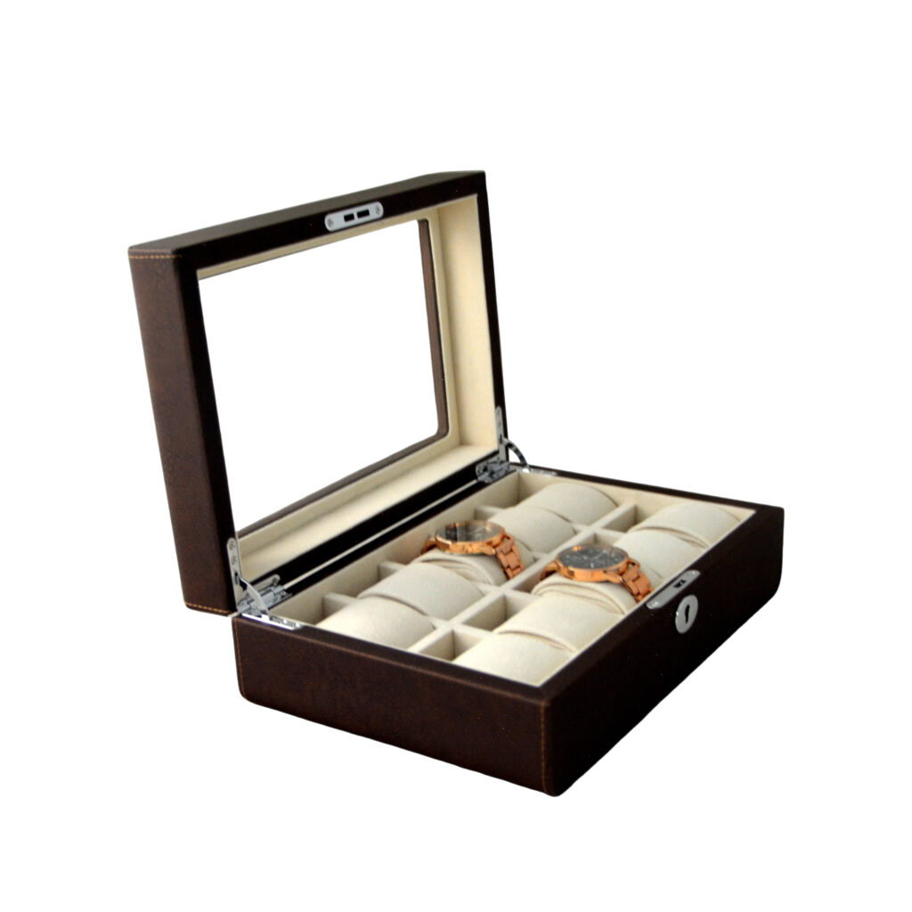 PU Leather Brown 10 Watch Case with Ivory Velvet Interior
