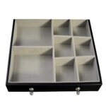 Jewelry collection box interior with ring rolls and organized compartments