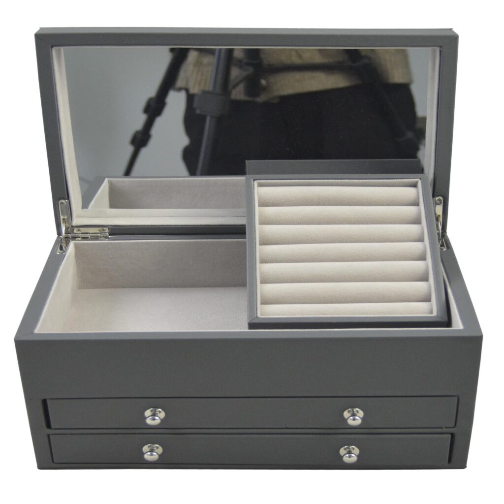 Jewelry case with ring rolls and organized accessory storage