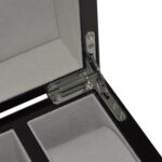 watch case hinge detail with velvet interior lining and metal hinge hardware