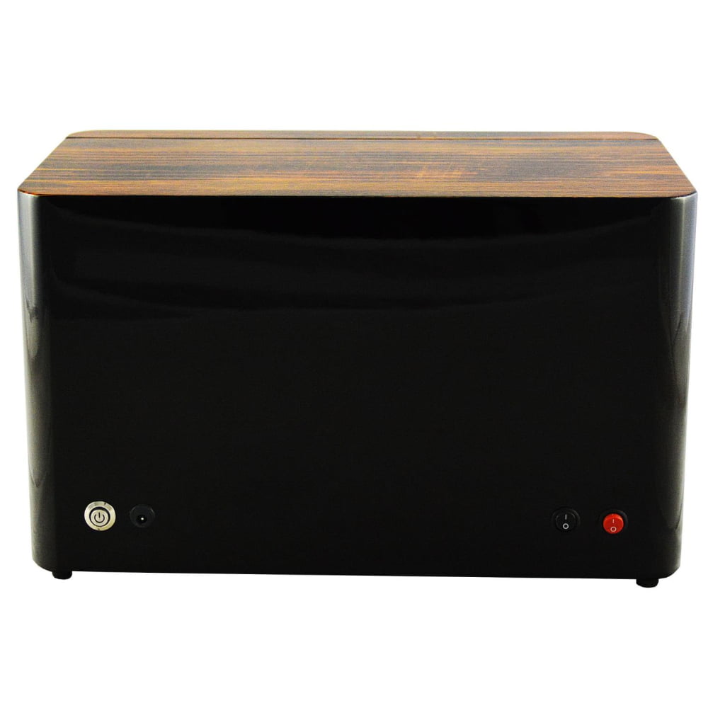Rear view of zebra stripe 3 watch winder with high-gloss black cabinet and power controls
