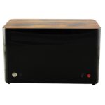 Rear view of zebra stripe 3 watch winder with high-gloss black cabinet and power controls